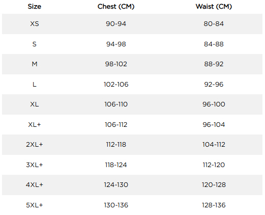 JOBEneopreneVestMenSizeChart