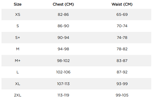 JOBEneopreneVestWomenSizeChart